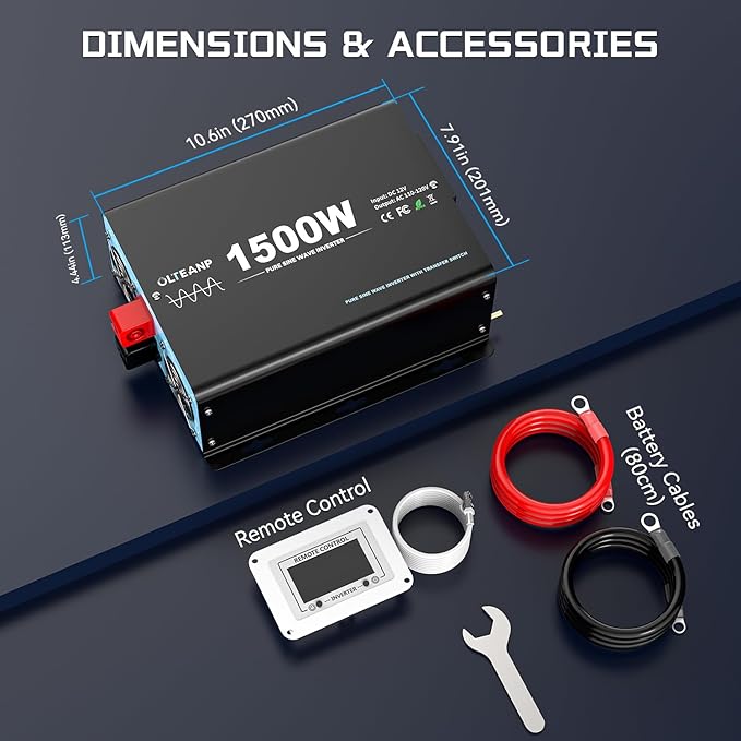 1500W Pure Sine Wave Inverter with Transfer Switch, 12V DC to 120V AC Converter with 2AC Outlets, USB Port, Type-C Port, Remote Controller, Power Inverter for RV, Outdoor, Auto Swtich to Shore Power