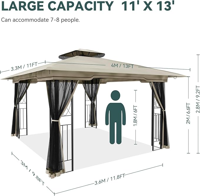 11x13 Outdoor Patio Gazebo with Mosquito Netting and Corner Frame Screen Wall, Double Roofs Metal Frame Party Canopy Tent Shelter for Backyard Garden Deck - Tan