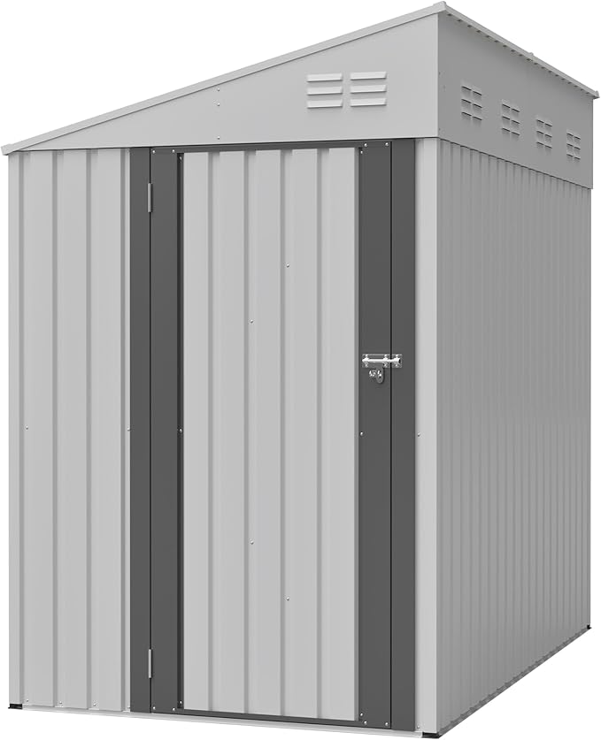 4x8 FT Outdoor Storage Shed,Lean to Lockable Metal Garden Shed Steel with Reinforced Beams,All Weather Waterproof Storage House W/Lockable Door&2 Air Vents,for Backyard,Patio,Lawn,Garden,White