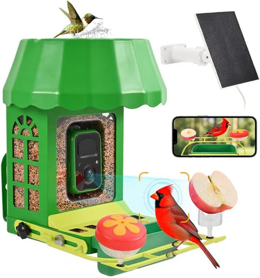 Avinory Metal Smart Bird Feeder with 2K HD Camera with Pole Dia 1 in,Solar Powered,AI Identification for 12000+ Species,2.4GHz Wireless,Squirrel-Proof Design,Chew-Proof,Easy Setup for Outdoor Garden