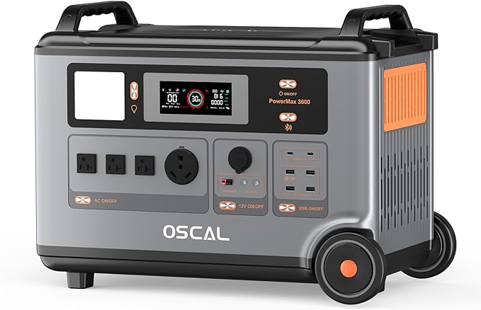 OSCAL 3600Wh Solar Generator PowerMax 3600, Solar Power Station with 4 AC Outlets (6000W Peak), 1.2H Full Charging, APP Control Emergency Power Station for Home, Camping & RVs, Battery Backup