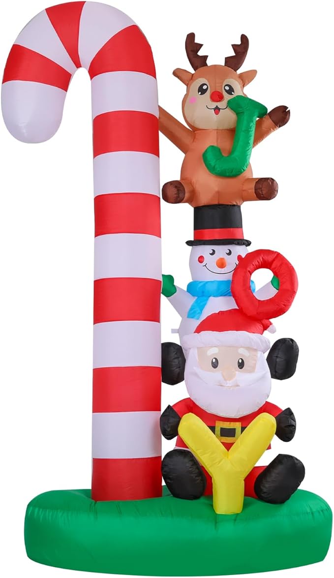 Christmas Inflatables Outdoor Decoration 8 FT Santa Claus Joy Reindeer Snowman Candy Cane Inflatable with LED Light Christmas Blow Up for Lawn Garden Holiday Party Yard Xmas Decor