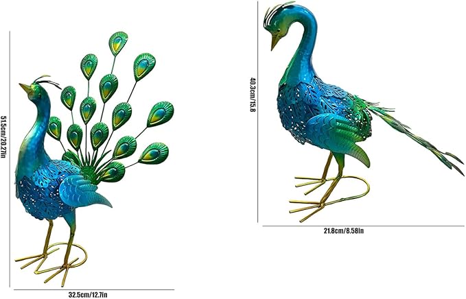 2 Pack Beautiful Peacock Outdoor Garden Statue Ornament Realistic Metal Peacock Lawn Yard Patio Decorations Art Sculpture Outside Decor Gift for Women Grandma Birthday,16" 20" Tall Blue Peacock