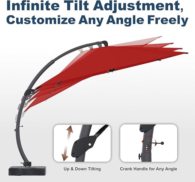 11FT Cantilever Umbrella with Base Large Curvy Outdoor Aluminum Offset Umbrella w/ 360° Rotation, UV Resistant Canopy for Patio, Garden, Backyard, Red
