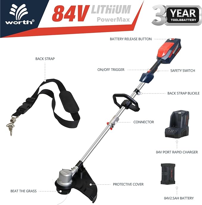 Worth Garden 84V Cordless String Trimmer with Brushless Motor, 14"/16" Cutting Width - Includes 2.5Ah Lithium Battery & Charger - Heavy Duty Electric Weed Wacker for Lawn, Garden, Yard