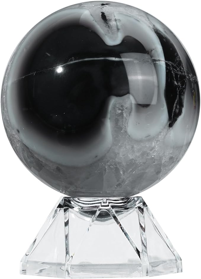 Natural Black Striped Agate Crystal Ball with Acrylic Display Base, 61-70mm Polished Stone Feng Shui Crystal Sphere Meditation Decoration for Home & Office