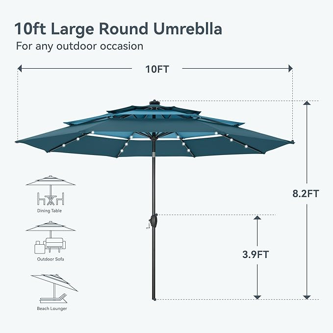 PHI VILLA 10ft Patio Umbrella with Solar Lights, Outdoor 3 Tier Vented Large Market Table Umbrella for Lawn Poolside Garden Terrace, Peacock Blue & Cerulean (No Base)