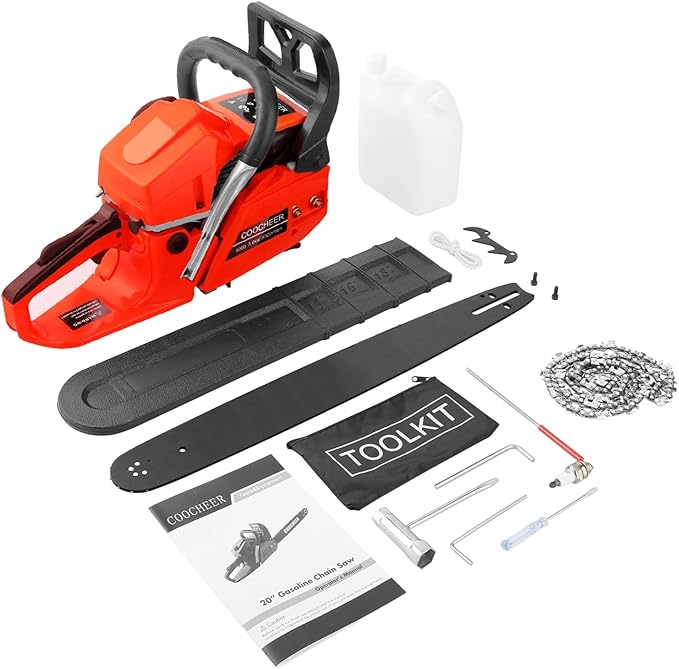 COOCHEER Gas Chainsaw Powered, Upgraded 62CC 3.5-HP 2-Cycle 20 Inch Chainsaw Gas with Carrying Bag & Tool Kit, Chainsaws Gas powered for Trees Wood Cutting and Tree Trimming(Limited Orange Version)