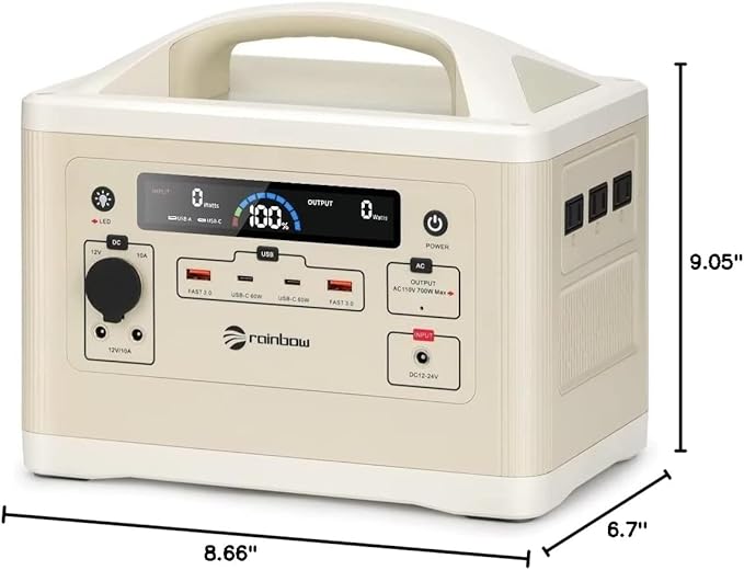 RAINBOW Portable Power Station 700W, 537Wh Backup LiFePO4 Battery, 3 x 110V/700W(Peak 1400W) AC Outlets, Solar Generator for Outdoor Camping, Quick Charge for Home, Hiking