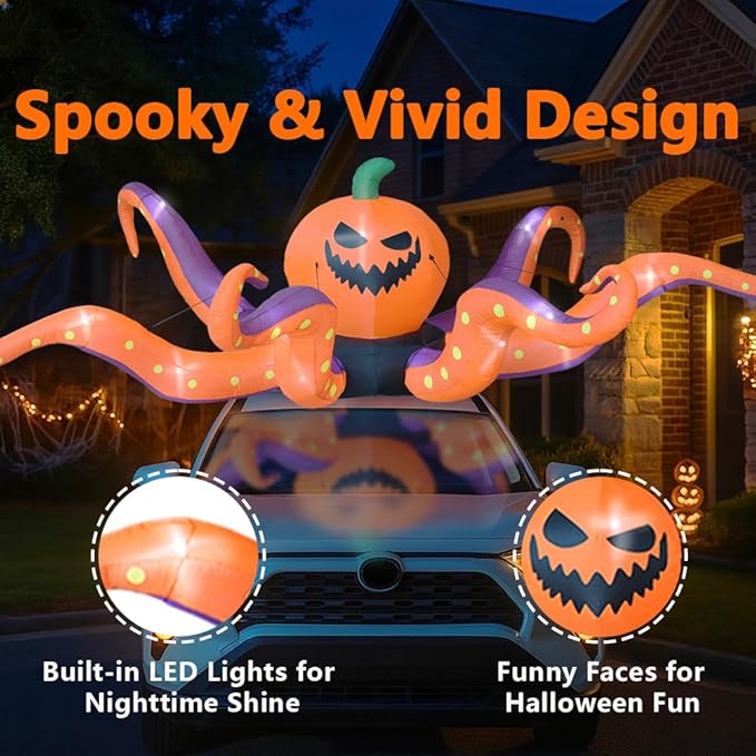 GARIG 12FT Halloween Inflatables Outdoor Decorations Pumpkin Octopus Tentacles Build-in LEDs Lights Blow Up Yard Decorations for Garden Lawn Window Indoor Party Holiday Decor