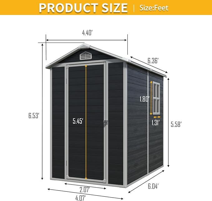 4x6 FT Outdoor Storage Shed,Garden Shed with Floor & Window,All Weather Waterproof Tool House W/Air Vent,Sloped Roof & Lockable Door,for Patio,Yard,Lawn,Black