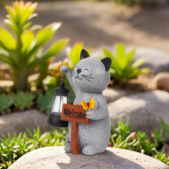 Cat Garden Statues with Solar Lantern, Outdoor Figurine Resin Sculpture Hanging Solar Power Lights for Decoration Yard Patio Balcony Lawn Ornament Art Decor, Unique Gift for Grandma Wowen Mom