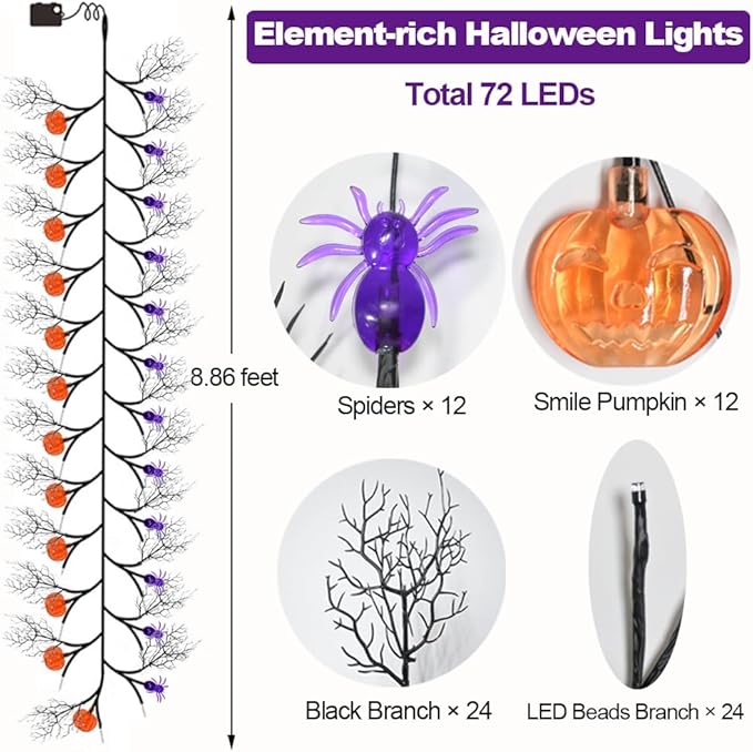 Halloween Decor Lights 8.86FT 72 LED Willow Vine Twig with Timer Battery Operated Garland Lights with Orange Pumpkins Purple Spiders and Black Dead Branches Indoor Halloween Decorations for Home