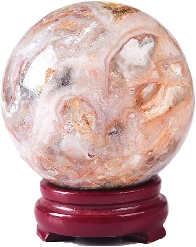 JIC Gem Large Striped Agate Crystal Sphere with Stand Gemstone Decorative Ball for Home Decor Altar Reiki Healing Gift 80-90mm