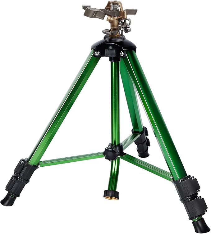 Biswing Impact Sprinkler Head on Tripod Base, Heavy Duty Lawn Sprinklers, 360 Degree Large Area Irrigation, Brass Sprinkler Nozzle & Solid Alloy Metal Extension Legs Flip Locks, 1 Pack