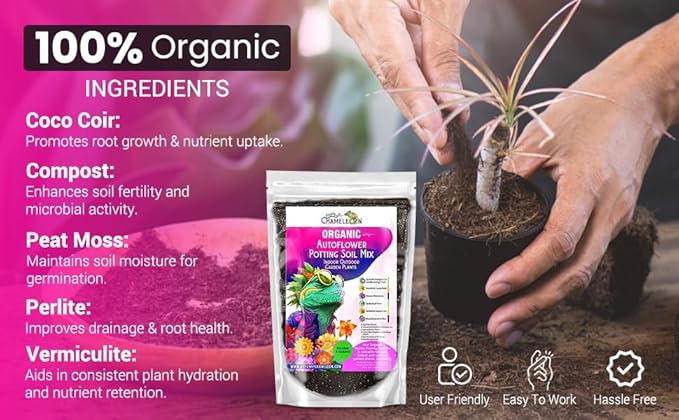 Organic Autoflower Potting Soil Mix – Ready-to-Use Living Soil, No Fertilizers Needed – Balanced Nutrients, Light Texture, Excellent Drainage, Boosts Germination & Root Growth (5 quarts)