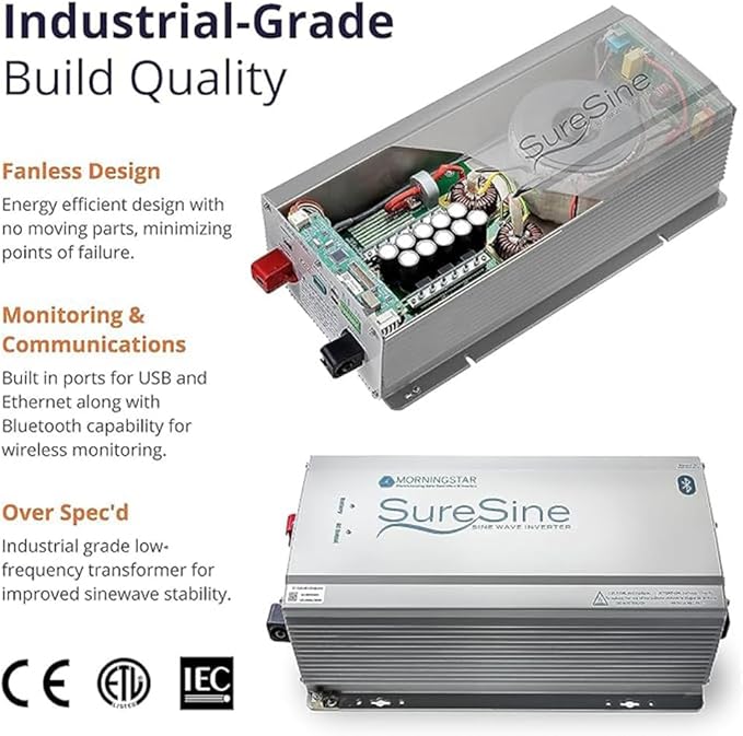 Morningstar SureSine 1000W Pure Sine Wave Off-Grid Inverter - 24VDC, 120VAC, 60Hz, Hard Wired AC Terminals (SI-1000-24-120-60-HW) - DC to AC Converter, Solar/Non-Solar Systems, Bluetooth Mobile Apps