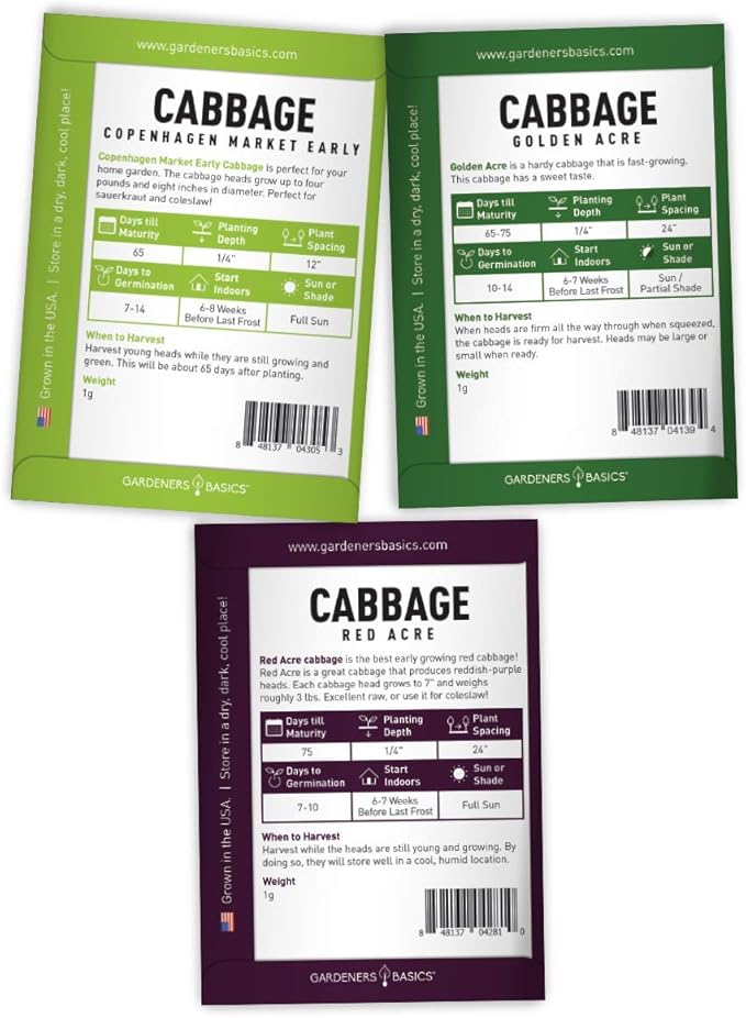 Gardeners Basics, Cabbage Seeds for Planting 5 Individual Packets Bok Choy, Michihili (Napa) Chinese Cabbage, Red, Golden Acre and Copenhagen Market Early for Your Non GMO Heirloom Vegetable Garden