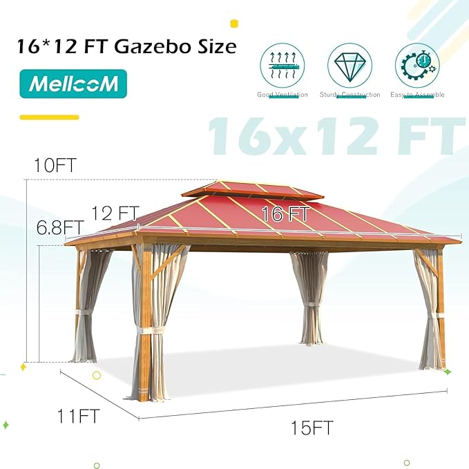 MELLCOM 12' x 16' Hardtop Gazebo, Wooden Finish Coated Aluminum Frame Outdoor Gazebos with Aluminum Double Roof, Claret Metal Gazebo with Curtains and Nettings for Patios, Gardens, Lawns