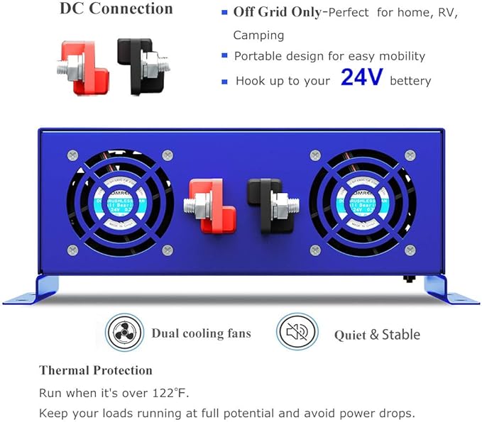 2000 Watt Pure Sine Wave Inverter 24V DC to 110v 120V AC, 2000W Car Power Invert Surge 4000W Power Converter for Solar System. (2000W 24V 120V) Blue