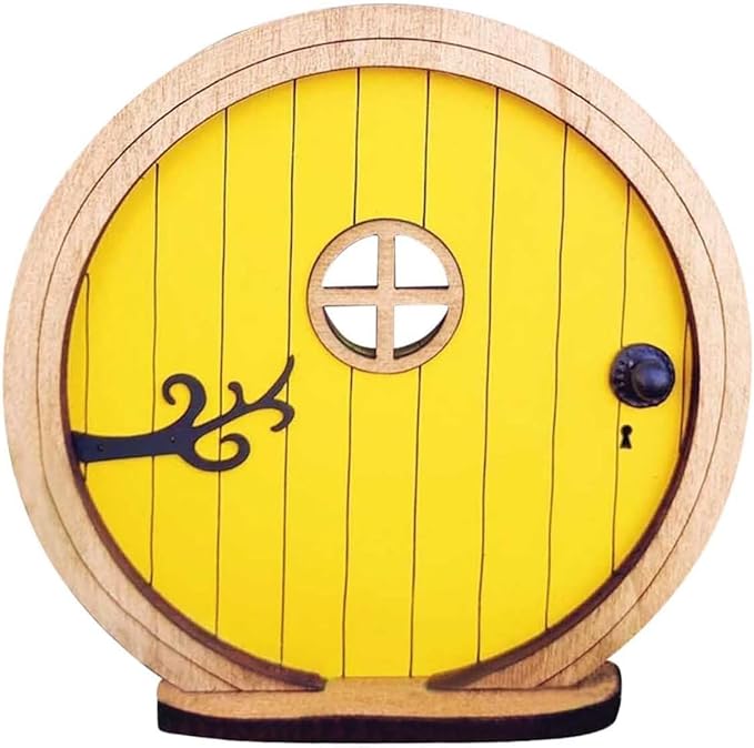 Yellow Fairy Garden Door for Tree, Fairys Doors for Trees Outdoor and Tree Trunk,Mini Fairy Garden Sculpture Lawn Ornament Decor, Fairytales Door Decoration,Gardens Miniatures,Buildings