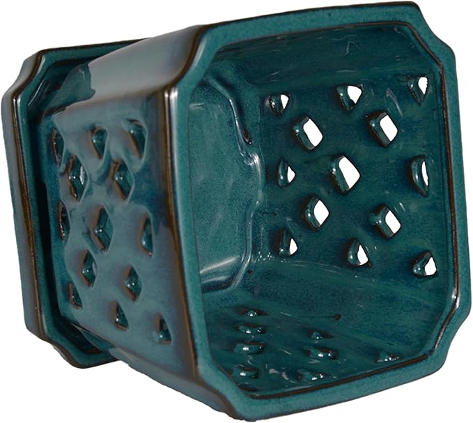 W&W Orchid Pot with Holes and Saucer for Repotting and Better Grow, Teal, 7 Inches