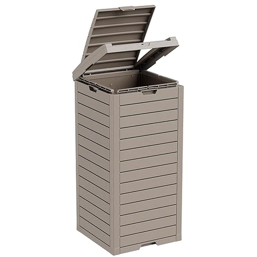 Outdoor Trash Can with Lid, Outdoor Trash Bin & Pull-Out Liquid Drawer, Dual Lid Closure Design, Waterproof Resin Garbage Can Container for Patio, Backyard, Deck (Grey, 31 Gallon)