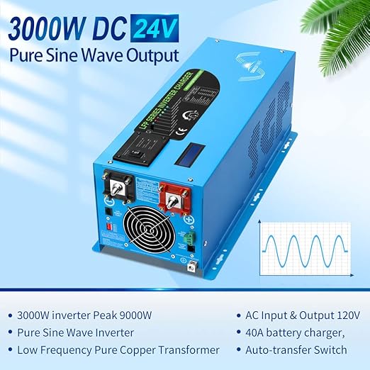 SUNGOLDPOWER 3000W DC 24V Peak 9000W Inverter Charger Pure Sine Wave, AC 120V with 40A Battery AC Charger LCD Display,Low Frequency Inverter, for Home RV Camper