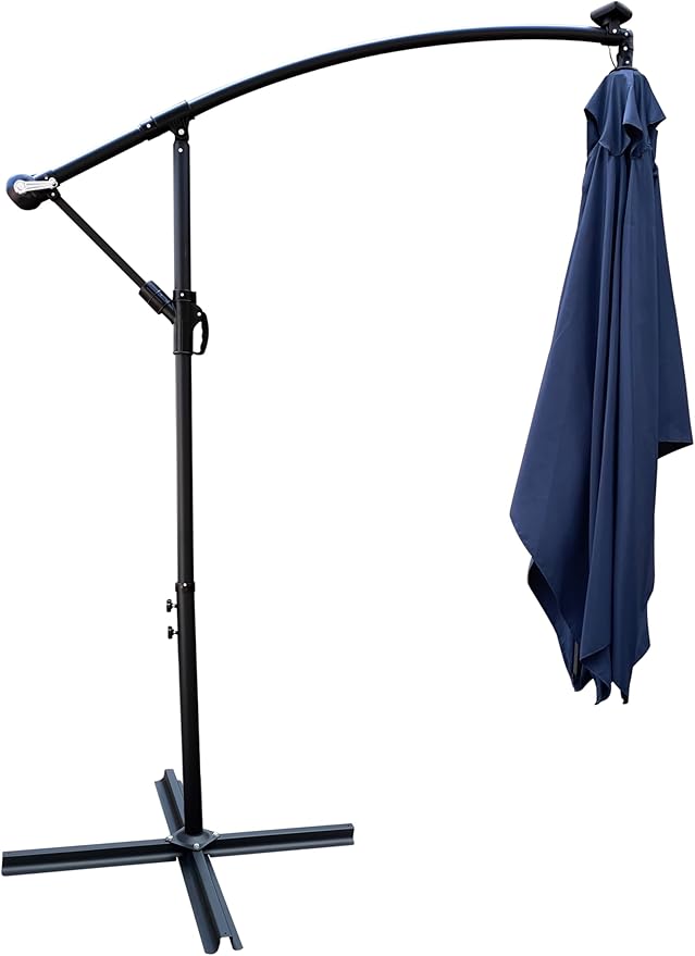 8x8FT Patio Umbrella, Outdoor Offset Umbrella with Cross Base and Crank, Square Cantilever Umbrella with Solar Lights, Hanging Market Umbrella with 8 Rids for Pool, Deck, Backyard (Navy Blue)