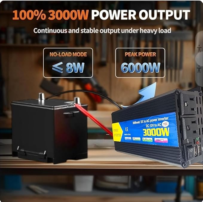 High-Power DC to AC Power Inverter – 12V to 110V/120V Converter with Dual USB Ports, Dual AC Outlets, Cigarette Lighter Adapter, Battery Cable for Cars, Trucks, RVs, Camping,Home Backup (Black, 3000W)