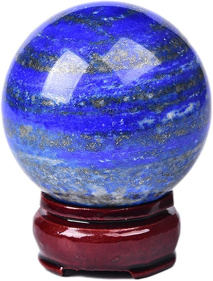 JIC Gem Lapis Lazuli Quartz Crystal Ball with Wooden Stand - Blue Crystal Sphere for Feng Shui Decor & Spiritual Gifts - 60-70mm