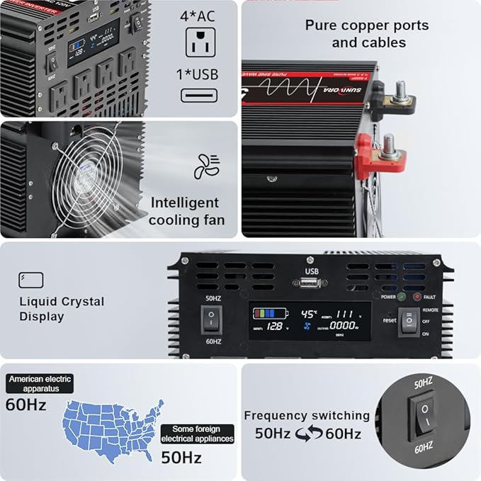 5000 Watt Pure Sine Wave Power Inverter with LCD 12V DC to 110V/120V AC Peak Power 10000W Car Power Inverter with 4 AC Outlets & 1 USB Port & Remote Control for Truck RV Car Solar System