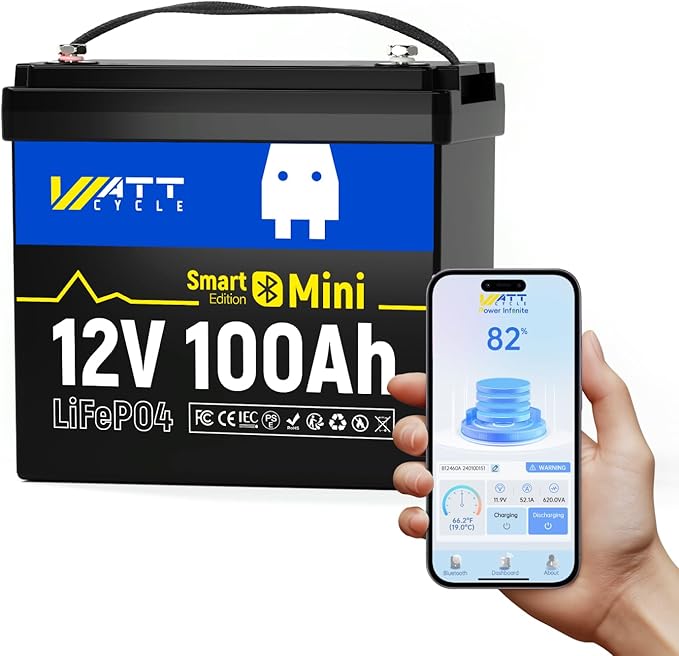 Wattcycle 12V 100Ah LiFePO4 Lithium Battery Mini with Bluetooth, 100Ah BMS BCI Group 24, 1.28kWh Energy, Mini 12V Lithium Battery for RV, Marine, Boat, Trailer Lifepo4 Batterys