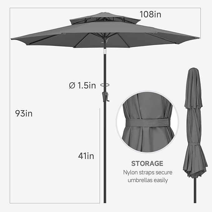 FLAME&SHADE 9ft Patio Umbrella - 2 Tiers Outdoor Umbrella with Push Button Tilt and Crank for UV Protection, Table Market Umbrella for Garden, Deck, Backyard, Pool and Beach(Anthracite)