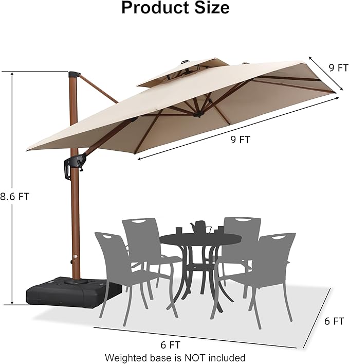 PURPLE LEAF 9ft Patio Umbrella Outdoor Square Umbrellas Large Cantilever Umbrella Windproof Offset Heavy Duty Sun Umbrellas for Garden Deck Pool Patio, Beige