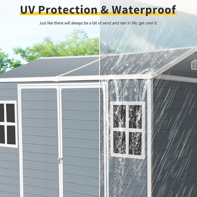 8x6 FT Resin Outdoor Storage Shed with Floor and 2 Windows, Outside Plastic Sheds Storage Clearance w/Lockable Door, Backyard Garden Tool House for Patio, Yard, Lawn, Bike, Gray