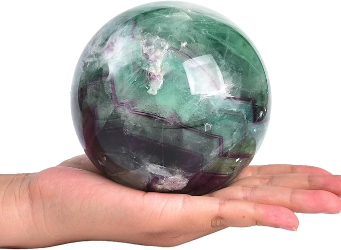 JIC Gem Large Crystal Ball Feather Fluorite Healing Crystals Sphere with Wooden Stand Meditation Home Decor 3.5-4 inch (90-100mm)