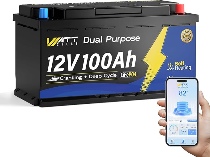 Wattcycle 12V 100Ah Marine Starting LiFePO4 Battery Bluetooth, [Cranking &Deep Cycle] Lithium Battery with Self-Heating, Built-in 200A BMS, Perfect for Trolling Motor, RV, Marine, Boat