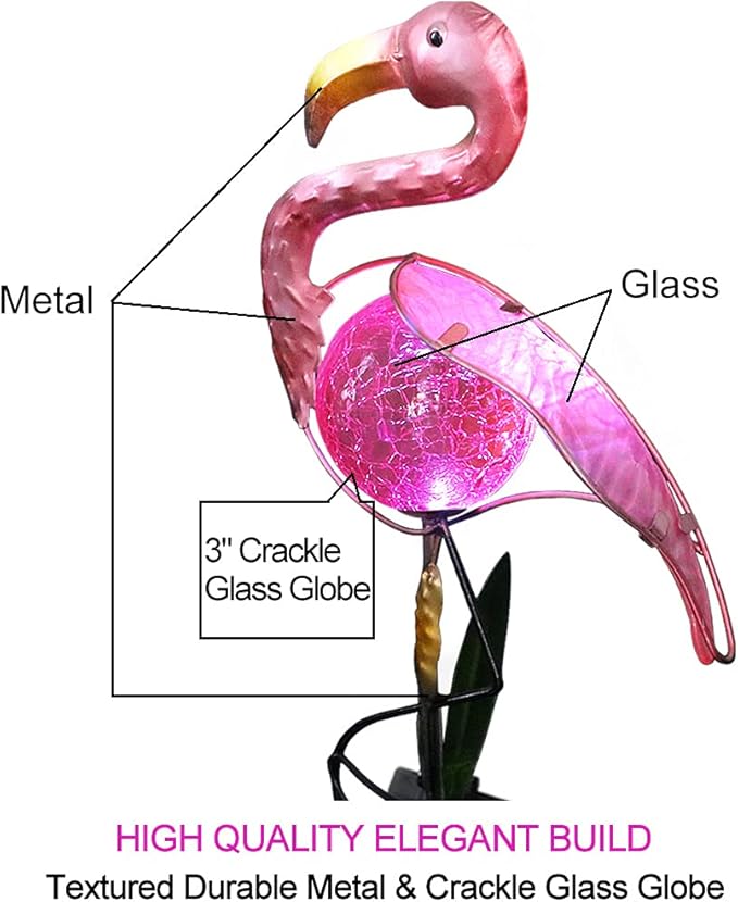 Bright Zeal 14" Big Metal Outdoor Solar Lights Waterproof Flamingo Garden LED Stake Light - Solar Pink Flamingos Yard Ornaments - Stake Lights Yard Decor Metal Yard Art
