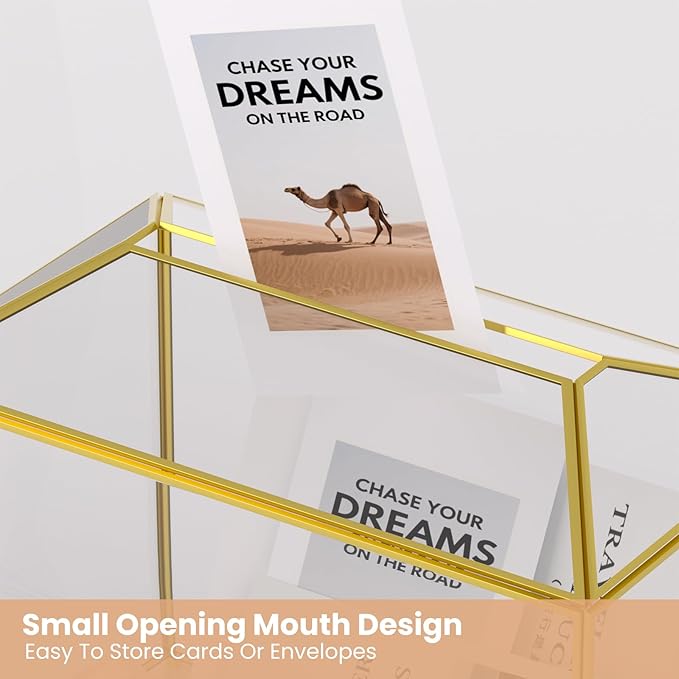 Wedding Card Box with Slot and Lock for Wedding Reception - Birthdays Party Card Holder, Home Geometric Decorative, Clear Gold Terrarium (Gold) 10.2" x 5.9" x 7.9"