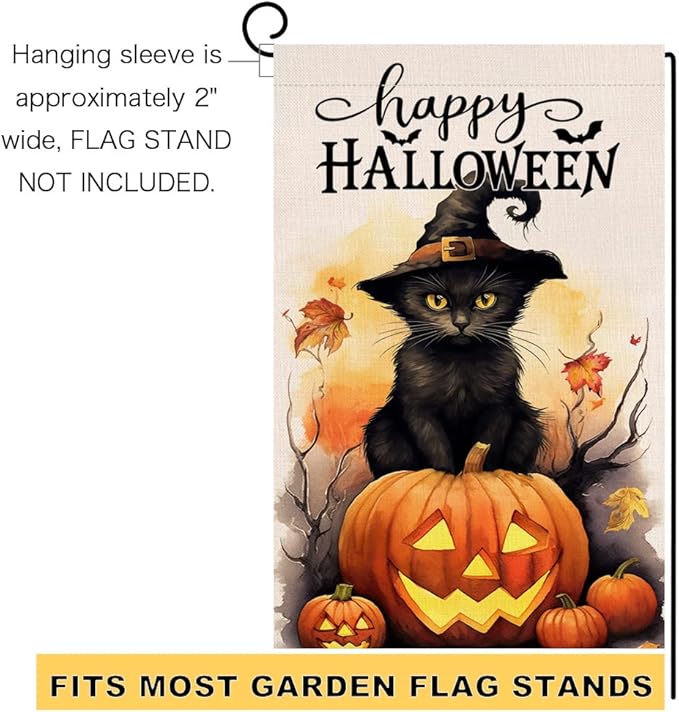 BLKWHT Halloween Cat Garden Flag 12x18 Vertical Double Sided Happy Halloween Pumpkin Holiday Outside Decorations Burlap Yard Flag BW479