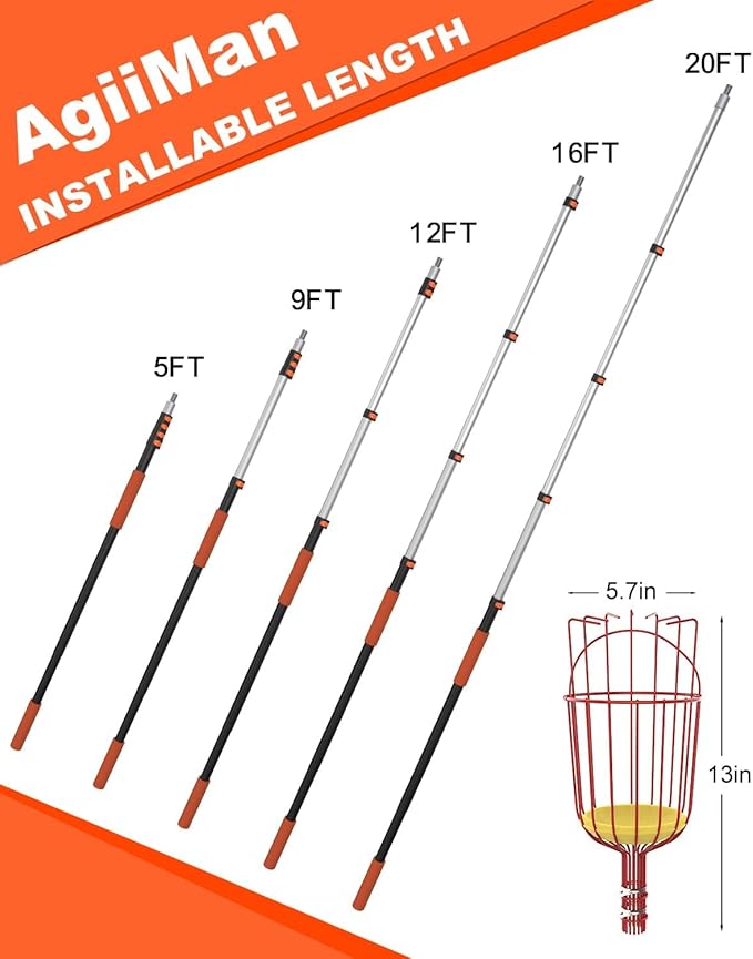 AgiiMan 5 to 20 FT Fruit Picker Pole - Reach to 26 FT Fruit Picker with Telescopic Extension Pole, Lightweight and Sturdy Aluminum Telescopic Pole, Easy to Assemble Fruit Picking Basket