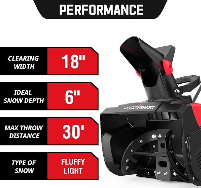 PowerSmart 18-Inch Corded Snow Blower, Electric Snow Thrower with 15-Amp Motor, 30' Throwing Distance(DB7517)