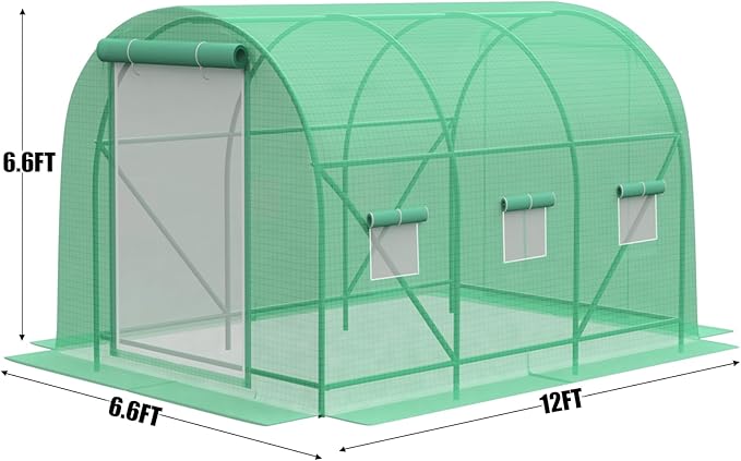 12×7×7 FT Greenhouses for Outdoors Heavy Duty, Large Walk in Green Houses for Outside with 6 Ventilated Mesh Windows & Roll-up Door & Reinforced Frame