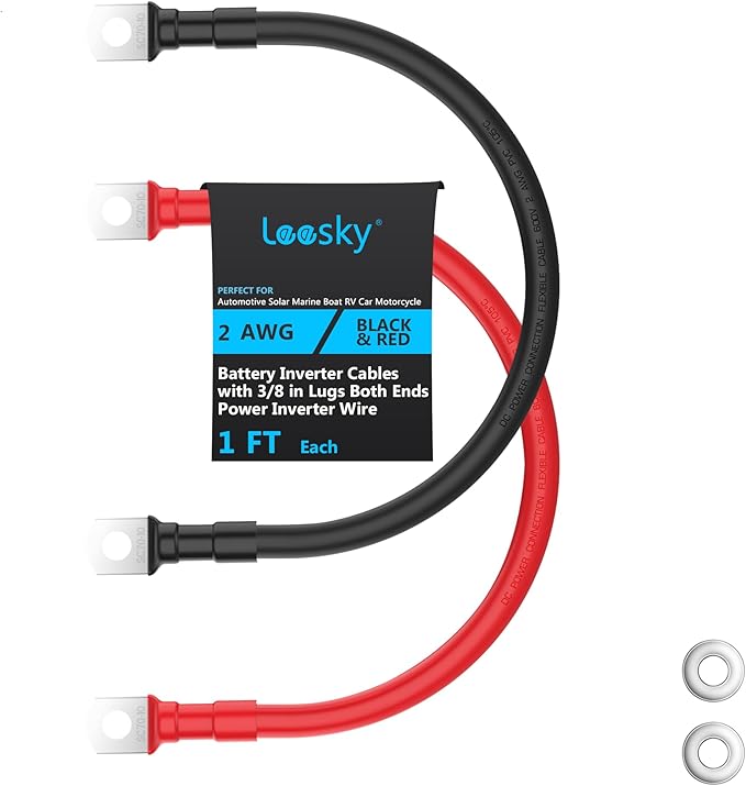 LEESKY 2 AWG Battery Cables 2 Gauge 1Feet Pure Copper Battery Inverter Cables 3/8 Inch Terminals for Golf Cart, Power Inverter, Solar, RV, Marine