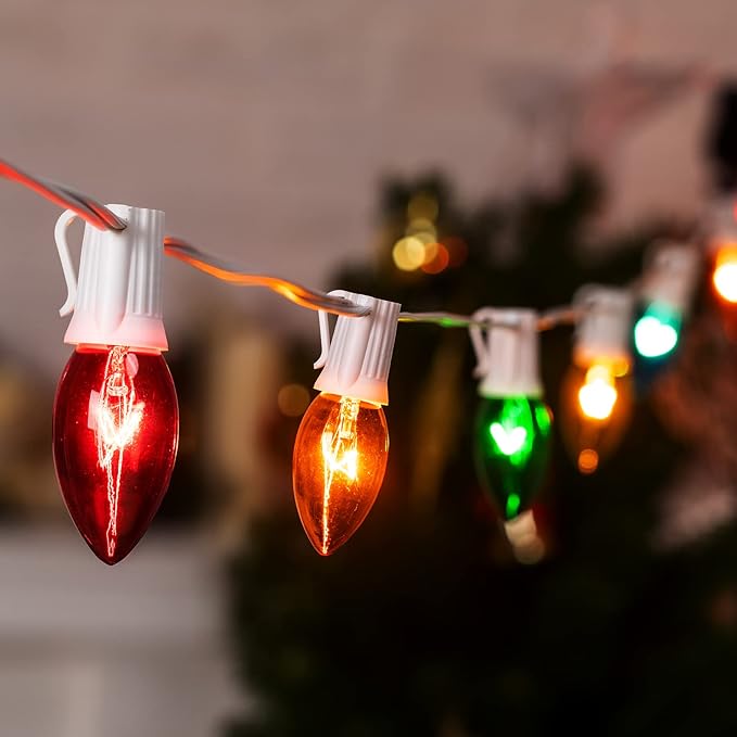 Minetom C9 Multicolor Christmas String Lights, 25FT 25+2 Bulbs Bright & Warm Outdoor Christmas Lights, Long Life C9 String Lights for Tree Patio Gazebo Wreath, Green Wire