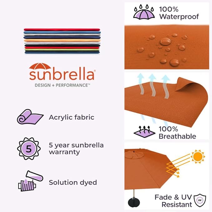 Midtown Umbrellas Sunbrella Umbrella Outdoor Patio Umbrella 2-9 Feet in Terracotta Acrylic Fabric, Auto-Tilt Aluminum Frame For Backyard Umbrella, Deck Umbrella & Porch Umbrella - Wooden Pole