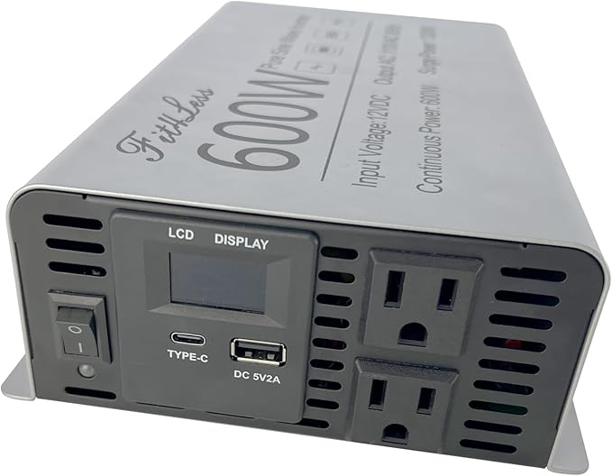 Pure sine Wave Inverter DC 12V Input and AC 110V Output with LCD Display, USB Output Port, Type-C Output Port(600W)