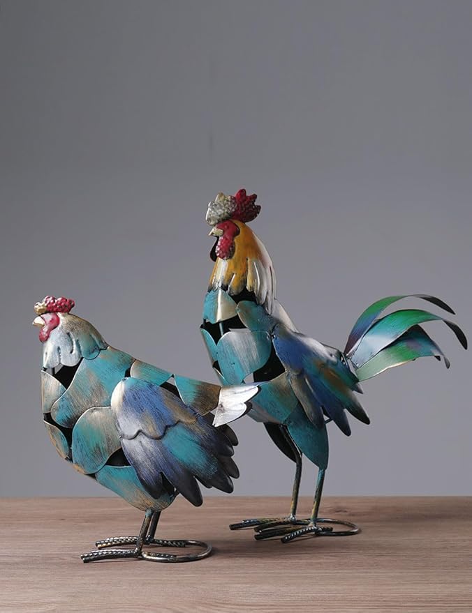 HAUCOZE Rooster Decor Statue Chicken Figurine Sculpture Animal Arts Metal 15.5 inch