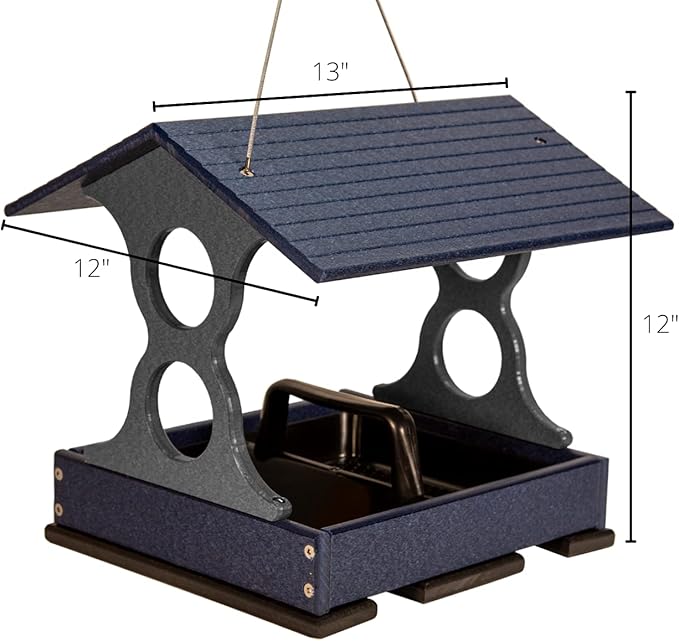JCS Wildlife Medium Poly Fly-Thru Bird Feeder w/Removable Seed Tray - Holds 4 Cups of Bird Seed to Attract Cardinals, Chickadees, and More Backyard Birds (Blue)